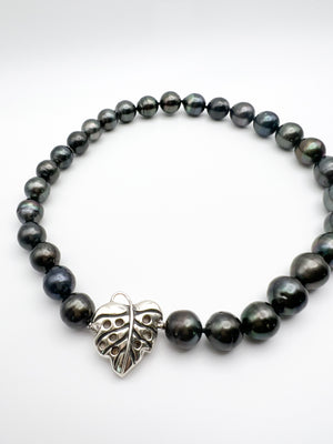 Tahitian Pearl and Monstera Clasp Necklace