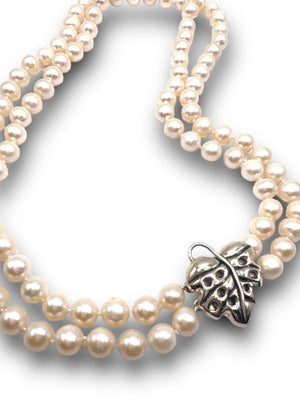 Monstera Clasp Double Strand Akoya Pearl Necklace